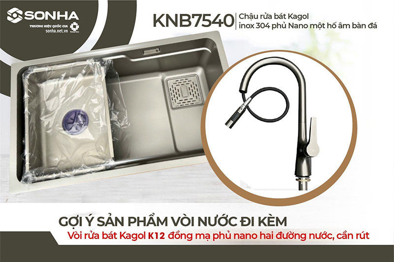 Cặp đ&ocirc;i chậu rửa 1 hố Kagol KNB7540-304 v&agrave; v&ograve;i Kagol K12