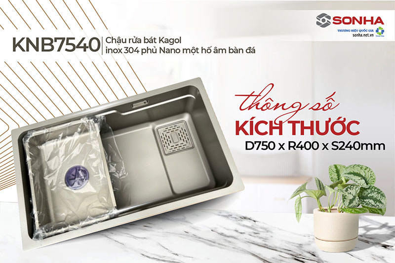 Th&ocirc;ng số k&iacute;ch thước chậu 1 hố Kagol KNB7540-304