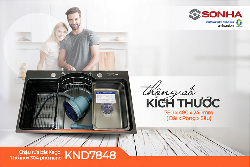 Th&ocirc;ng số k&iacute;ch thước chậu rửa 1 hố Kagol KND7848-304