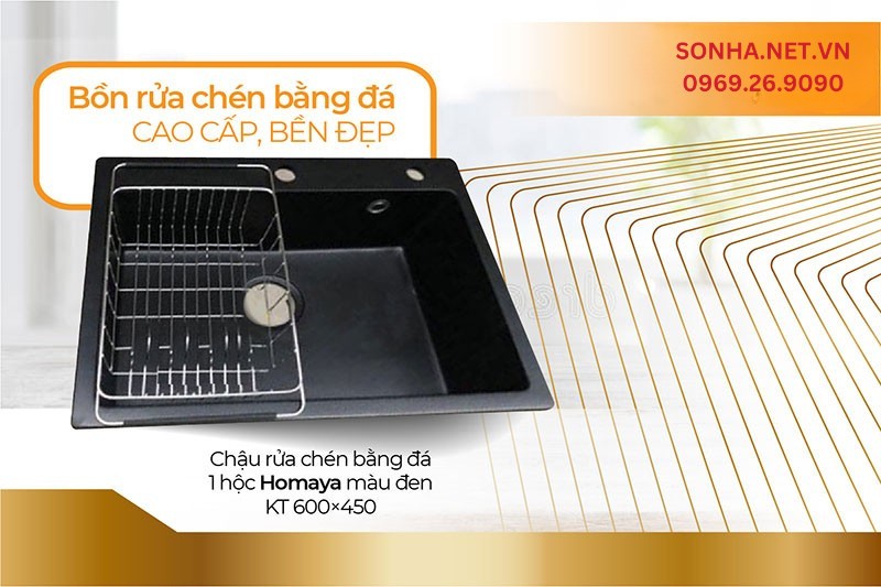 Chậu rửa chén đá Homaya màu đen 600x450 chống thấm nước, bám bẩn