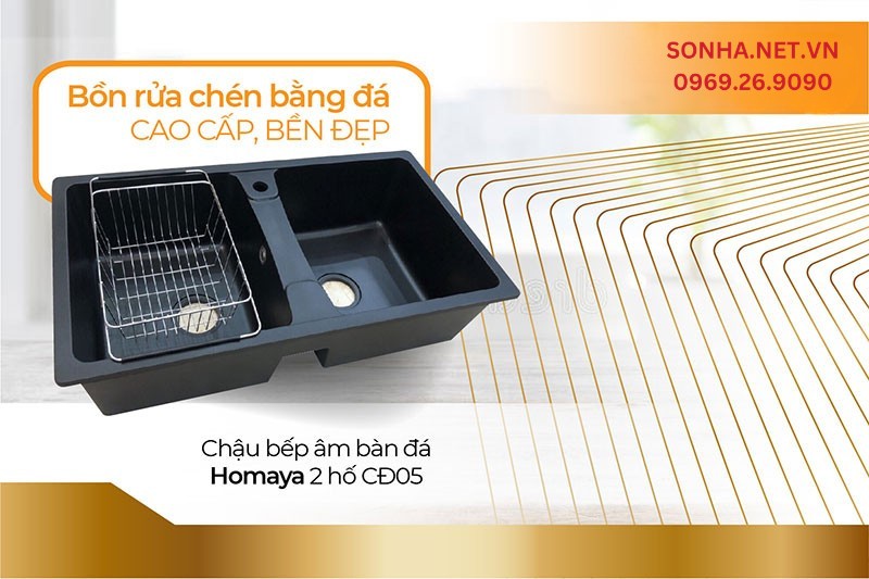 Bồn rửa chén bằng đá 2 hố Homaya 880x490 sang trọng, hiện đại