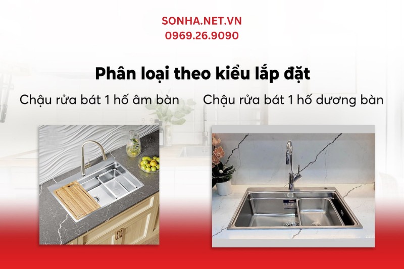 Chậu rửa đơn phân loại theo lắp đặt gồm âm bàn và dương bàn