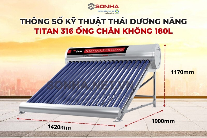 Kích thước thái dương năng Sơn Hà Titan 316 180L ống chân không