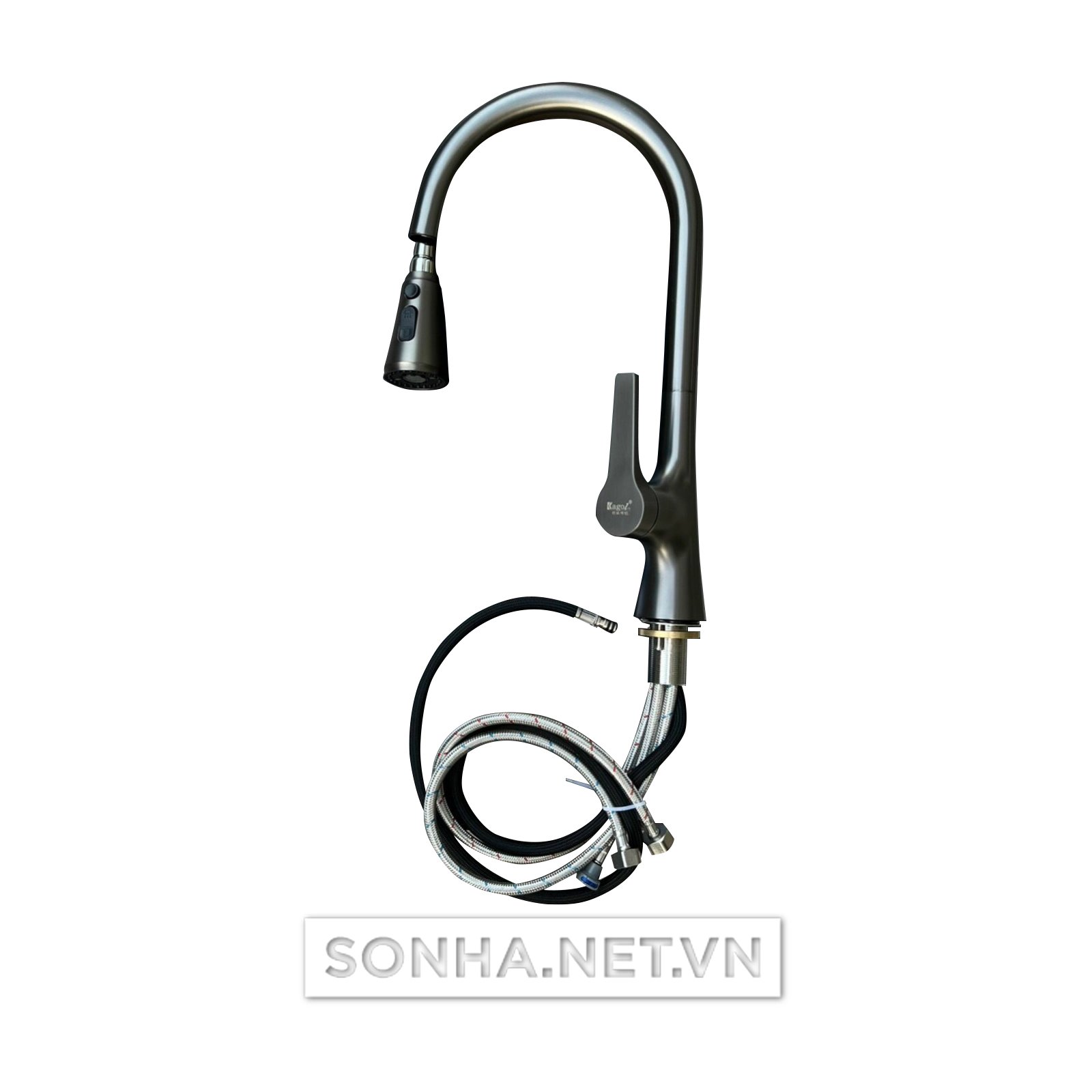 Vòi rửa bát Kagol K66 đồng mạ nano đầu loe hai đường nước, dây rút cần cứng 