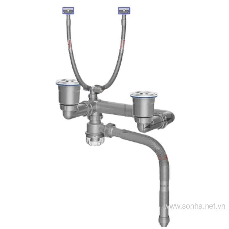 Bộ xi phông, ống xả cứng bồn rửa chén đôi cao cấp thoát nước nhanh, ngăn mùi phi 110 - 110 đầu thoát RO + 2 xả tràn 