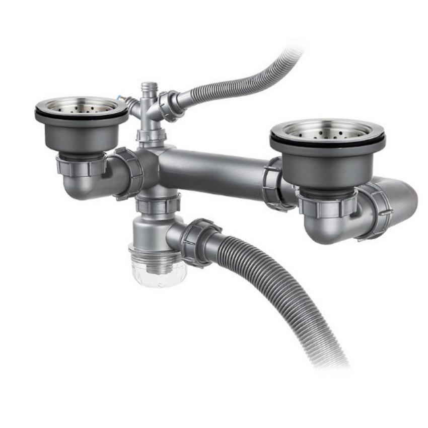 Bộ xi phông, ống xả cứng bồn rửa chén đôi cao cấp thoát nước nhanh, ngăn mùi phi 110 - 110 + đầu thoát RO + 1 xả tràn