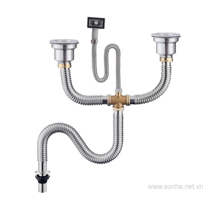 Bộ xi phông bồn rửa chén đôi cao cấp thoát nước nhanh, ngăn mùi bằng inox chắc chắn