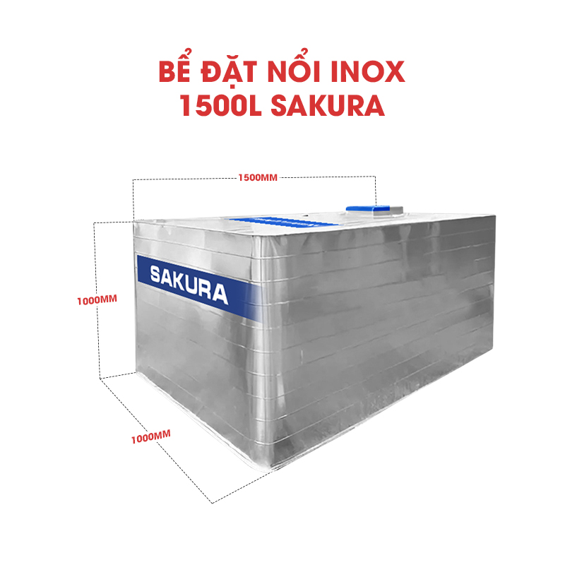Bể Nước vuông đặt nổi inox Sakura 1500L 