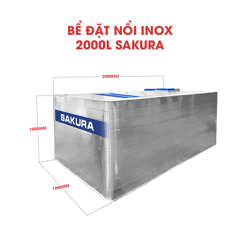 Bể Nước vuông đặt nổi inox Sakura 2000L 
