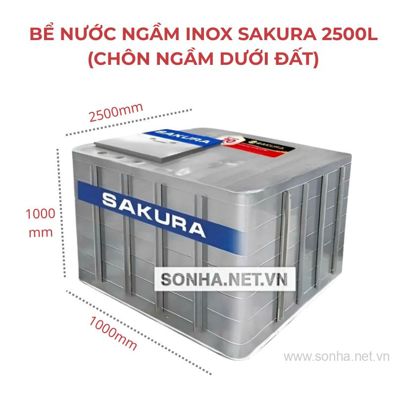 Bể Nước Ngầm Inox Sakura 2500L (Chôn Ngầm Dưới Đất)
