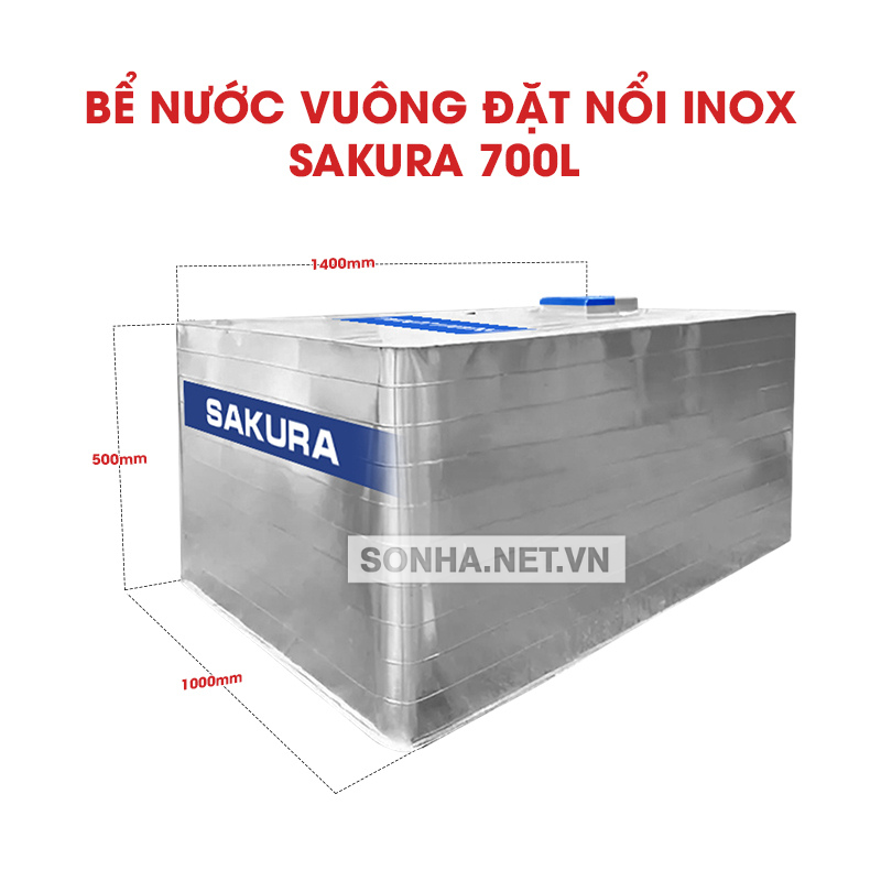 Bể Nước vuông đặt nổi inox Sakura 700L 