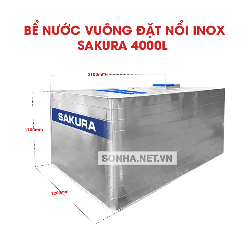 Bể Nước vuông đặt nổi inox Sakura 4000L 