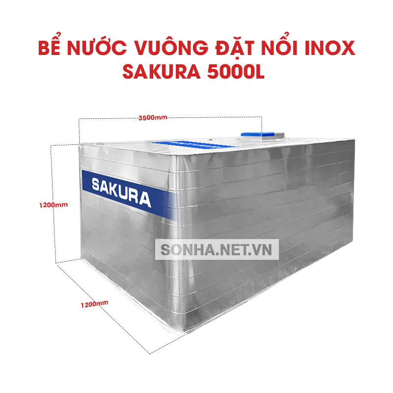 Bể Nước vuông đặt nổi inox Sakura 5000L 