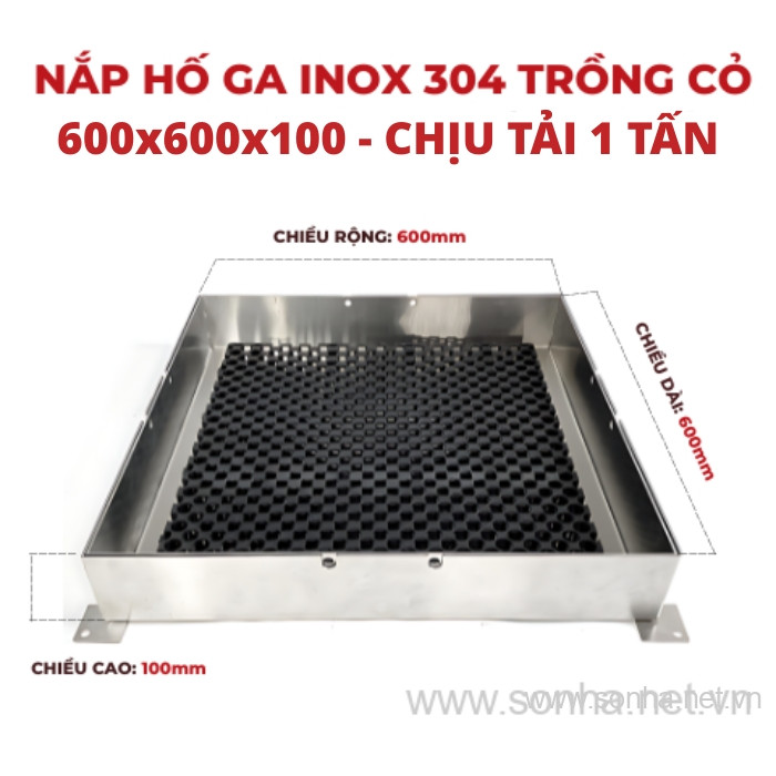 Nắp hố ga inox 304 trồng cỏ 600x600x100 - chịu tải 1 tấn