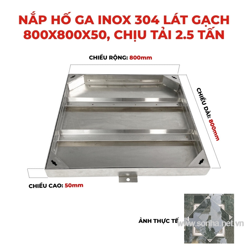 Nắp hố ga inox 304 lát gạch 800x800x50 - chịu tải 2.5 tấn