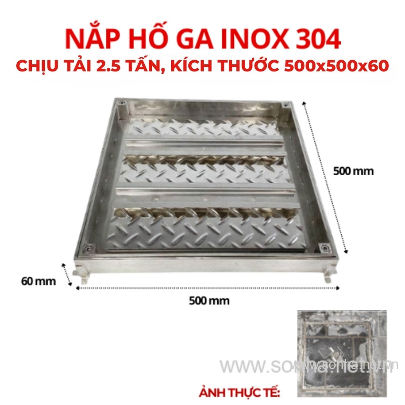 Nắp hố ga inox 304 chống nước, ngăn mùi 500x500x60 - chịu tải 2.5 tấn