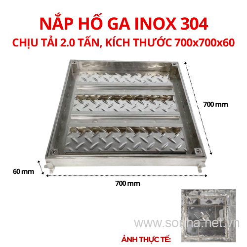 Nắp hố ga inox 304 chống nước, ngăn mùi 700x700x60 - chịu tải 2 tấn