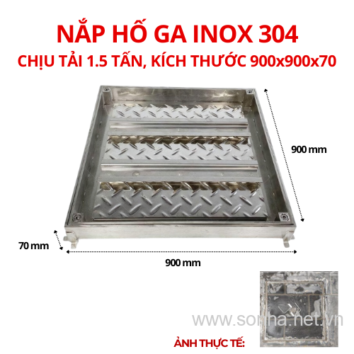 Nắp hố ga inox 304 chống nước, ngăn mùi 900x900x70 - chịu tải 1.5 tấn