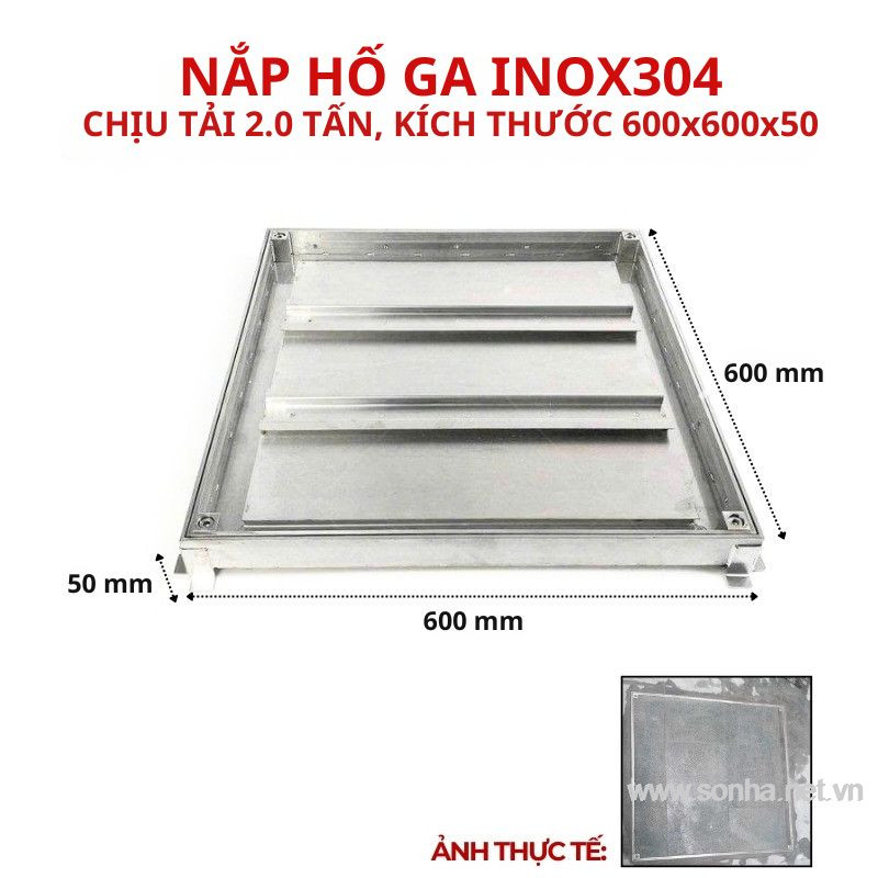 Nắp hố ga inox 304 chống nước, ngăn mùi 600x600x50 - chịu tải thấp 2.0 tấn