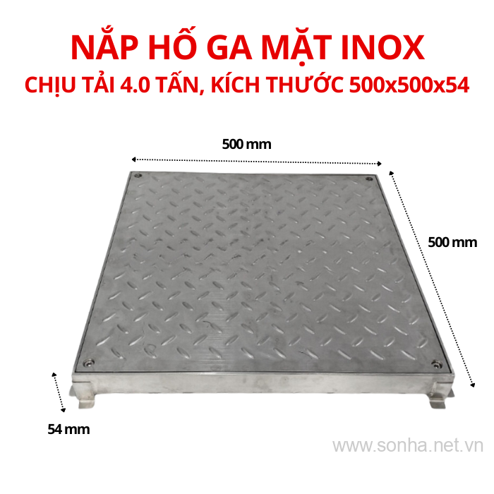 Nắp hố ga chống nước, ngăn mùi mặt inox 500x500x54 - chịu tải 4 tấn