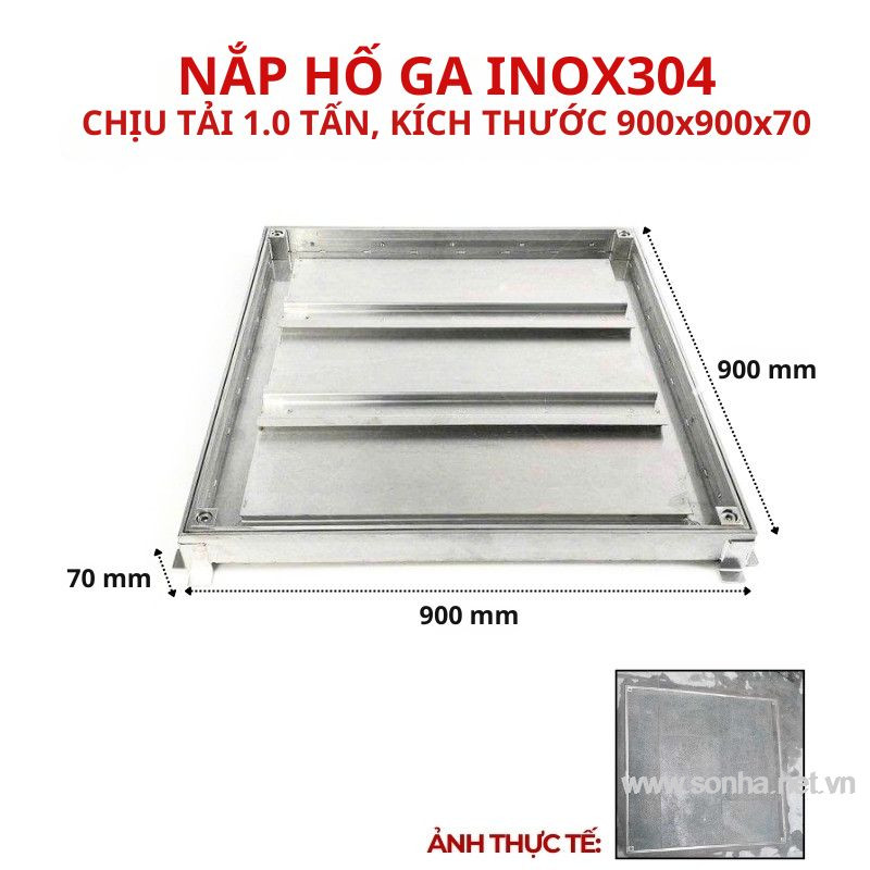 Nắp hố ga inox 304 chống nước, ngăn mùi 900x900x70 - chịu tải thấp 1.0 tấn
