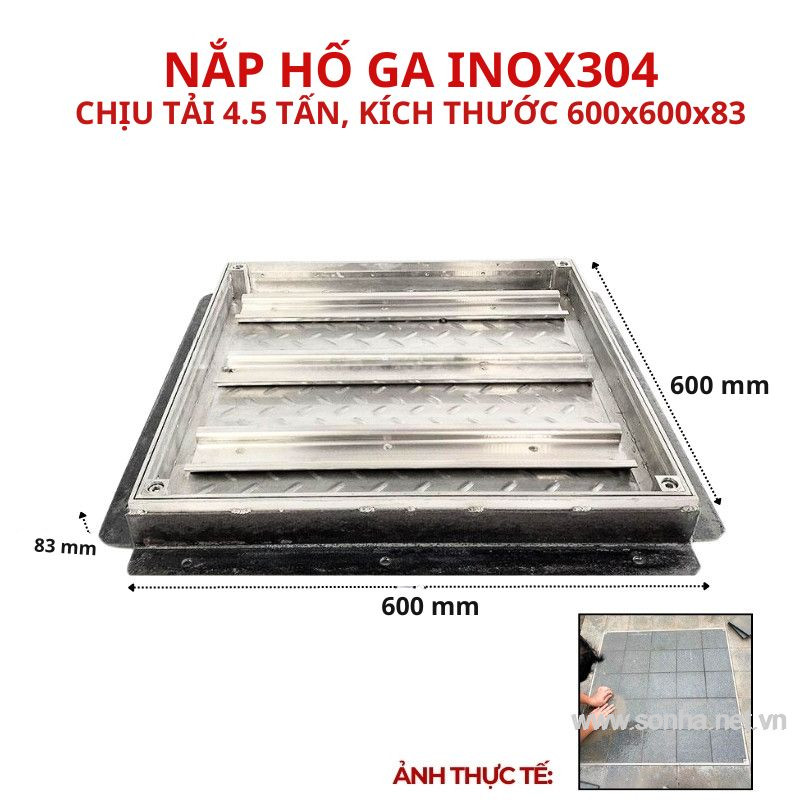 Nắp hố ga inox 304 chống nước, ngăn mùi 600x600x83 - chịu tải cao 4.5 tấn
