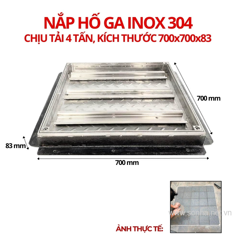 Nắp hố ga inox 304 chống nước, ngăn mùi 700x700x83 - chịu tải cao 4 tấn