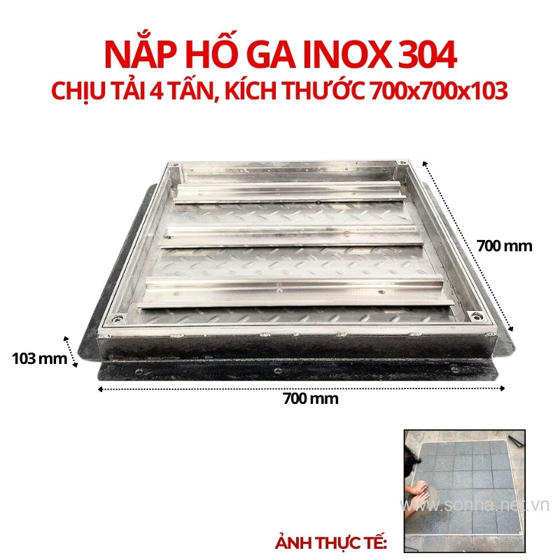 Nắp hố ga inox 304 chống nước, ngăn mùi 700x700x103 - chịu tải cao 4 tấn