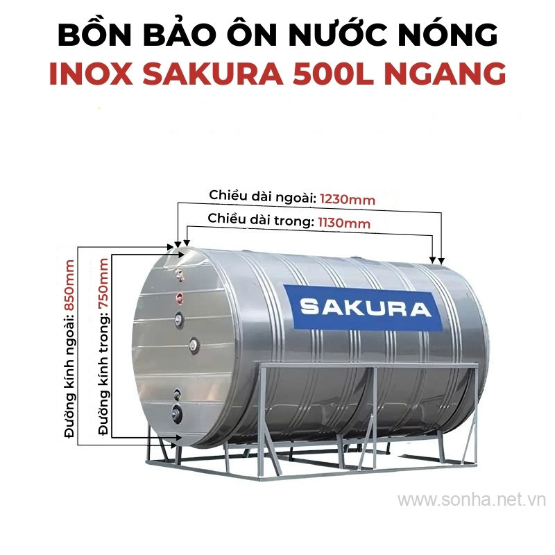 Bồn bảo ôn nước nóng inox Sakura 500L ngang