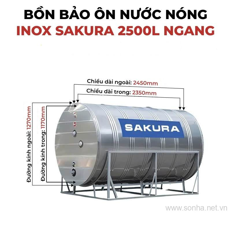Bồn bảo ôn nước nóng inox Sakura 2500L ngang