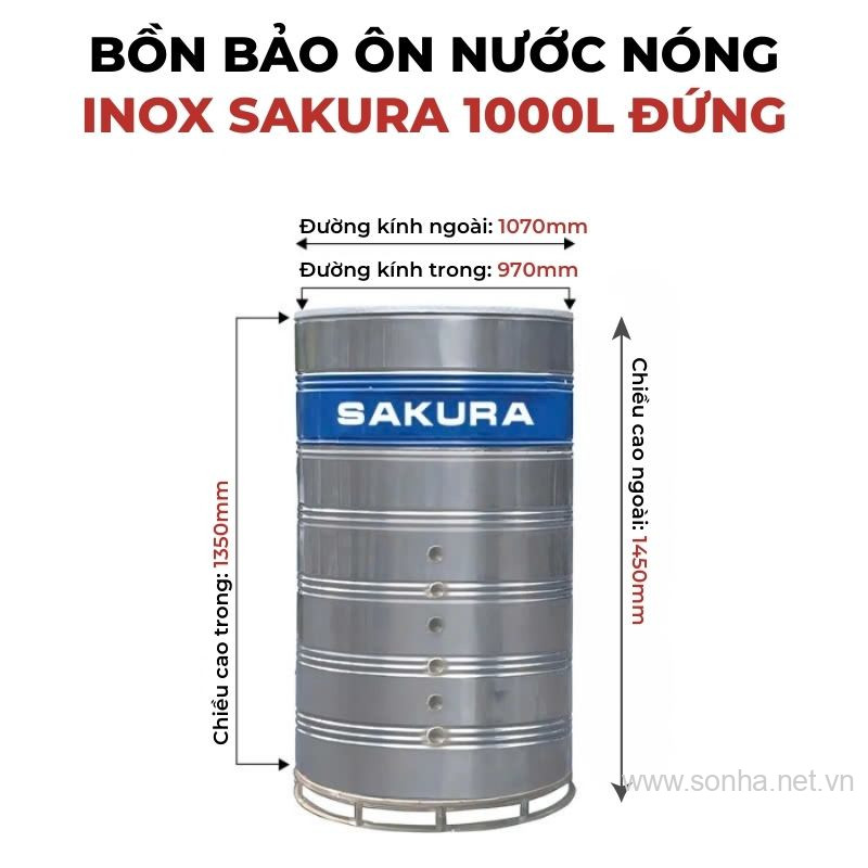 Bồn bảo ôn nước nóng inox Sakura 1000L đứng
