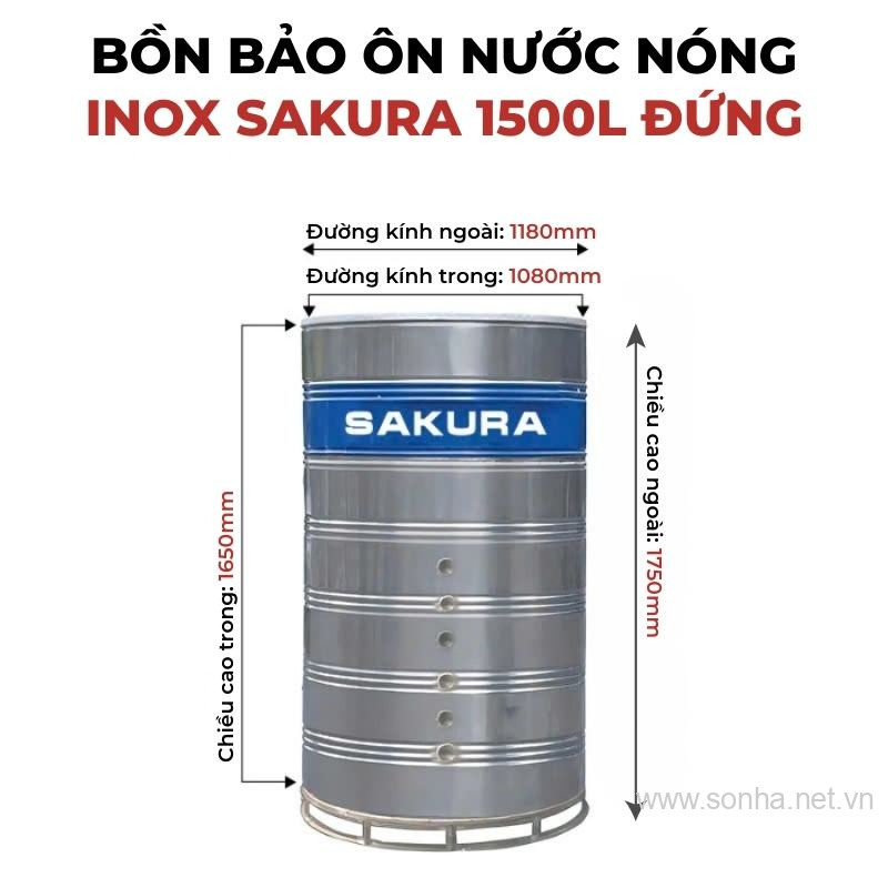 Bồn bảo ôn nước nóng inox Sakura 1500L đứng