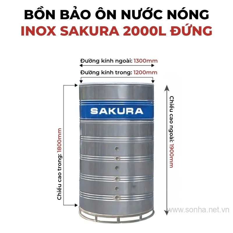 Bồn bảo ôn nước nóng inox Sakura 2000L đứng