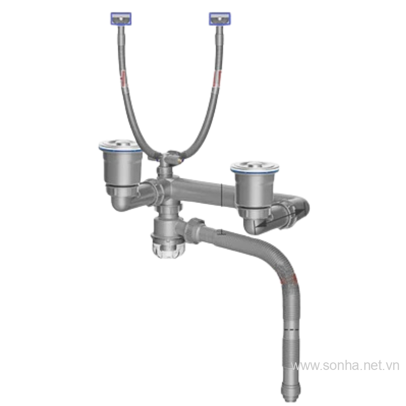 Bộ xi phông, ống xả cứng bồn rửa chén đôi cao cấp thoát nước nhanh, ngăn mùi phi 140 - 140 + đầu thoát RO + 2 xả tràn