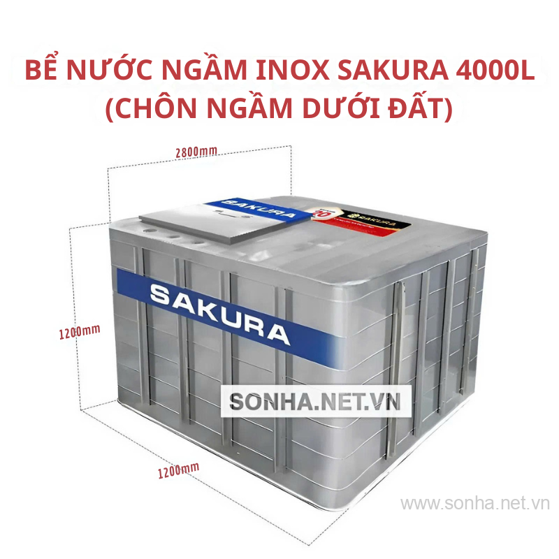 Bể Nước Ngầm Inox Sakura 4000L (Chôn Ngầm Dưới Đất)