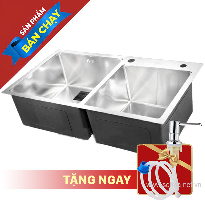 Chậu Rửa Bát Inox Sơn Hà Handmade 2 Hố Lệch HM.X.2L.82.2.2 (820x450x215mm)