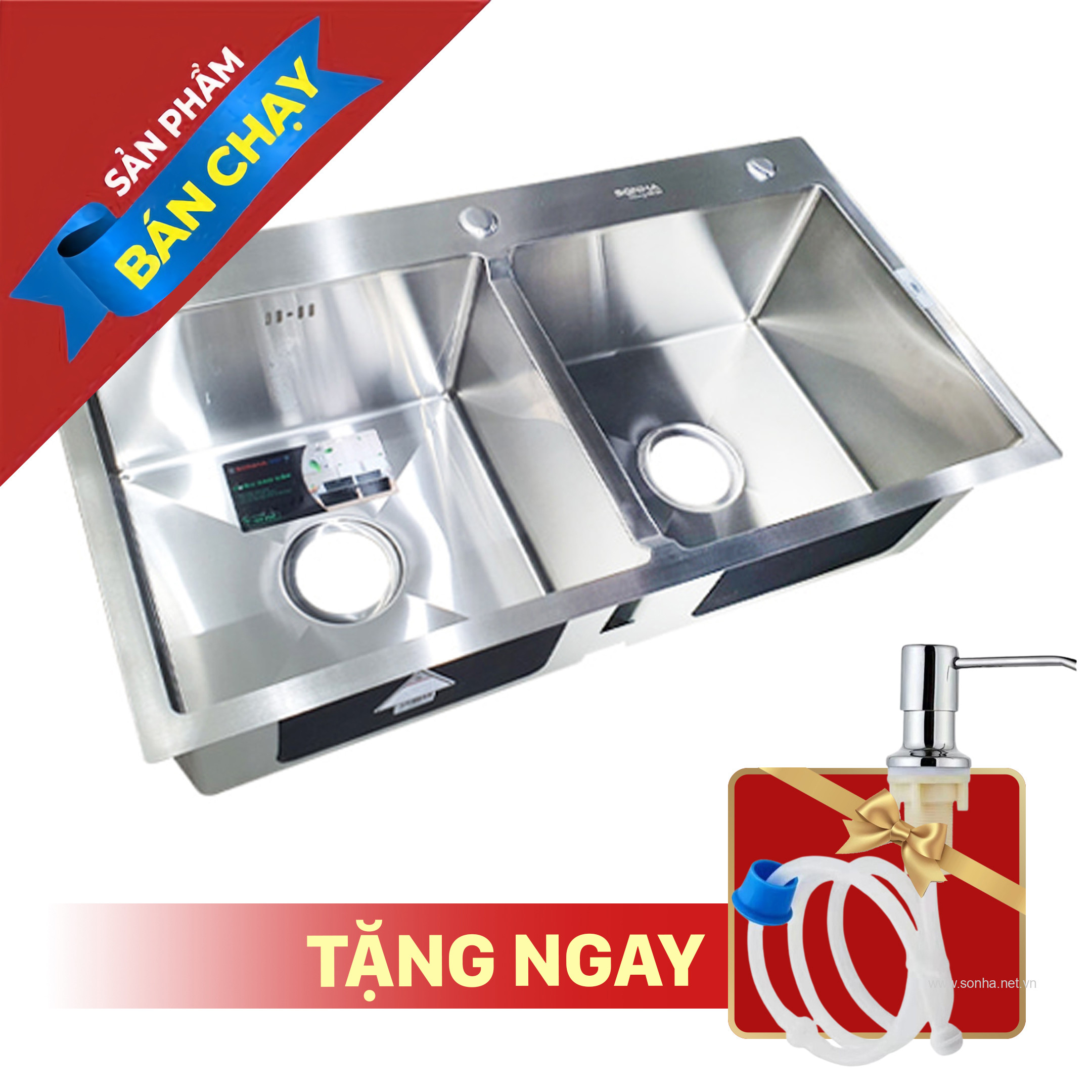 Chậu Rửa Bát Inox Sơn Hà Handmade 2 Hố Cân HM.X.2C.82.2.3 (820 x 450 x 215 mm)